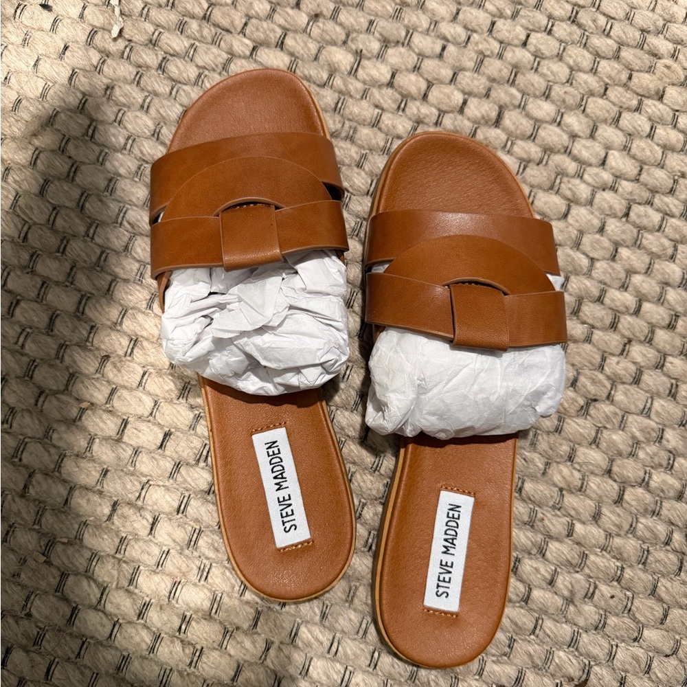 Steve Madden Vivien Leather Tan Slide Sandals